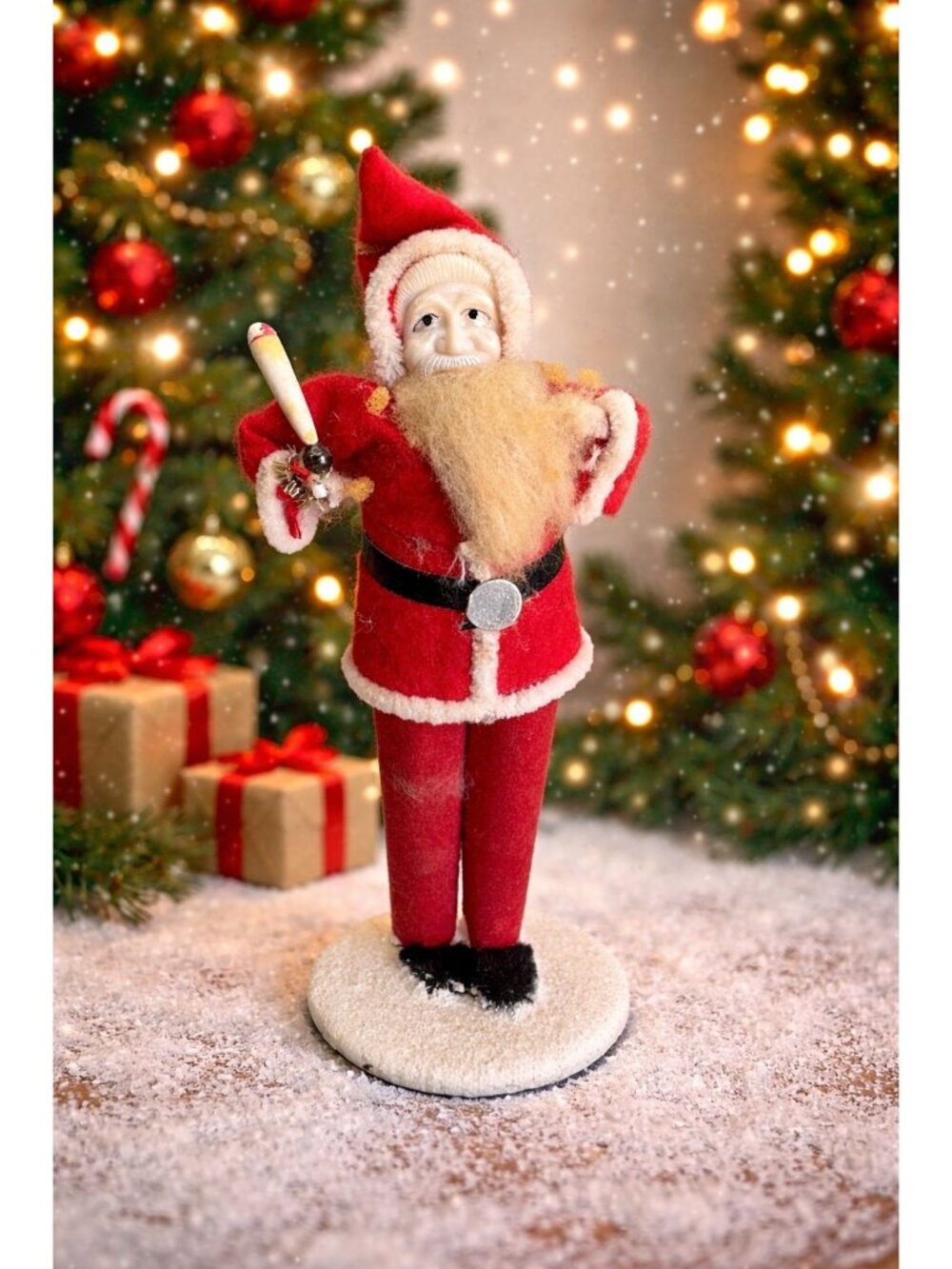 Vintage Japan Santa Claus Figure Spun Cotton Beard Paper Mache Candle Flocked 7"